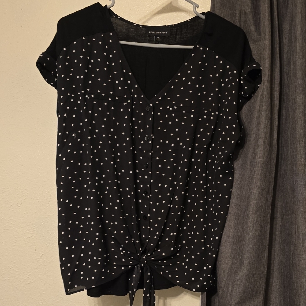 Polly & Esther Black Polka Dot Tie-Front Blouse